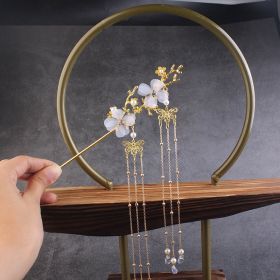 Ancient Style Hair Accessories Hanfu Plum Blossom Branch Tassel Hairpin White Flower Drill (Color: Gold)