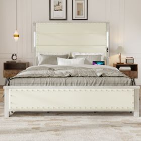 Queen Size Bed Frame With Upholstered Headboard And 4 Storage Drawers , Queen Bed Frame With Charging Station And LED Lights, Wood Slats, Beige Faux L (Option: Queen)
