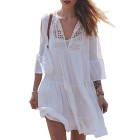 Cotton Lace Up Ruffled Beach Cover Up Dress Shirt (Color: Colorful, size: S)