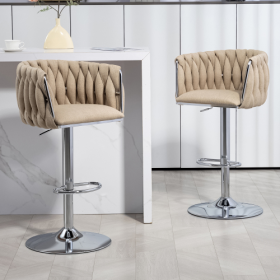360 Fabric Cover Swivel Bar Stools Set Of 2, Adjustable Counter Height Bar Chairs With Woven Back & Footrest, Silver Chromed Bar Stools For Kitchen Is (Color: Yellow)